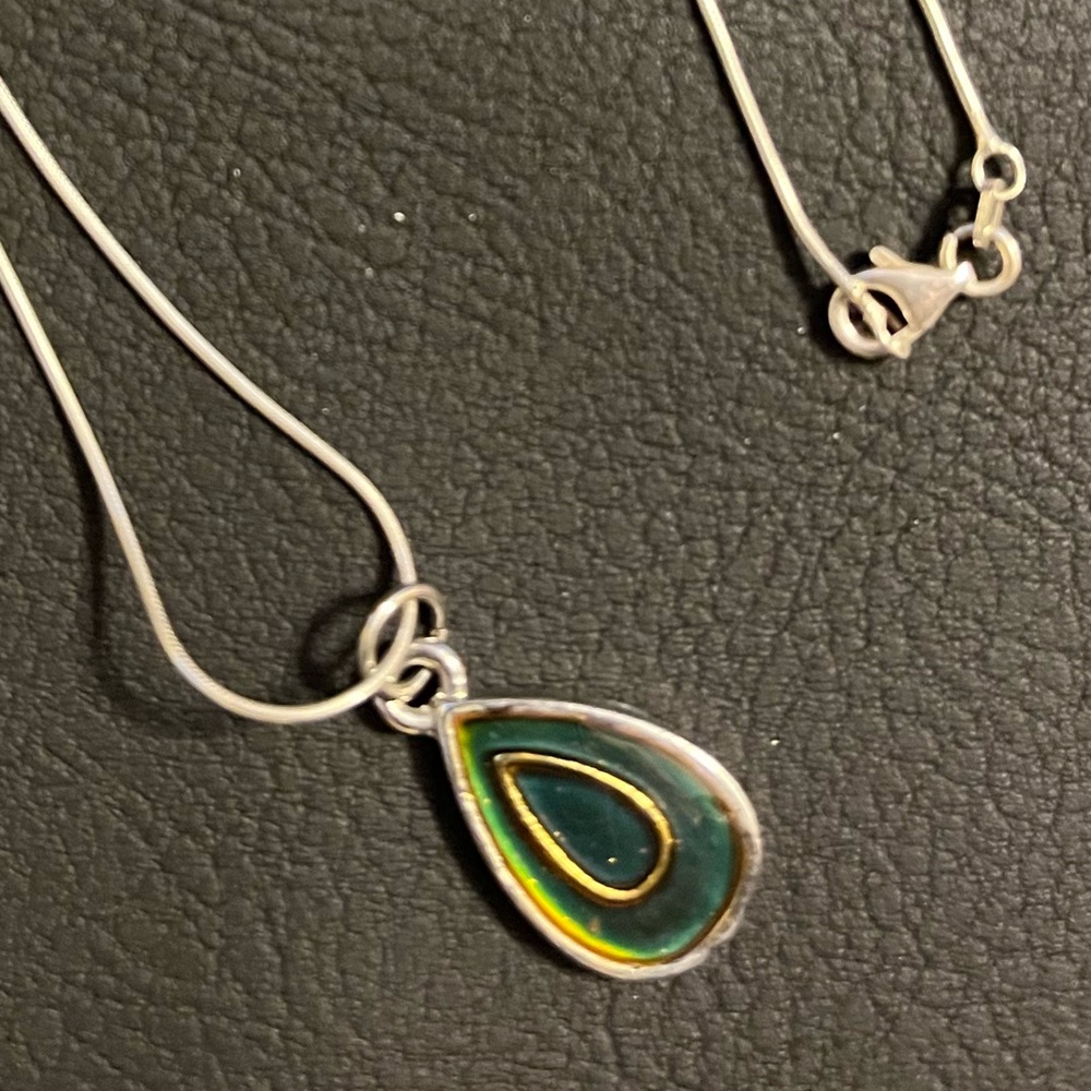 Silver Tone Necklace with Green Enameled Teardrop Pendant
